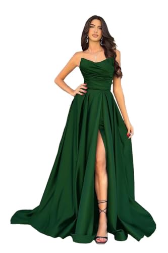 Tube Mermaid Prom Dresses 2023 with Slit Strapless Satin Pleated A-Line Prom Formal Evening Dresses with Train2