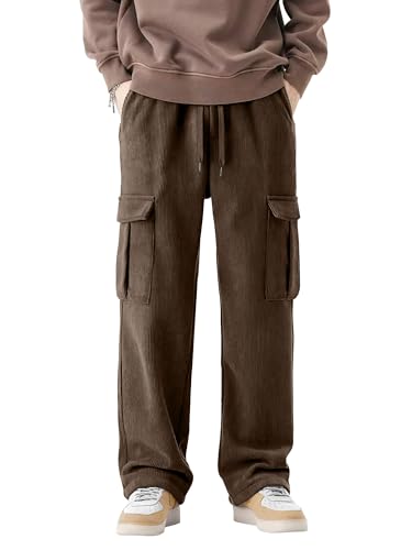 PLEPAN Mens Cargo Corduroy Pants Elastic Waist Drawstring Sweatpants Casual Pant Loose Fit Dark Brown Medium