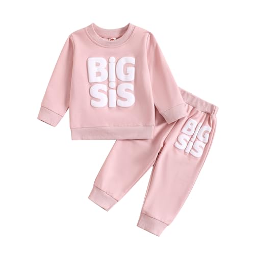 Image of Noubeau Big Sister Little Sister Matching Outfits Toddler Baby Girl Waffle Long Sleeve Sweatshirt Print Pant Fall Clothes