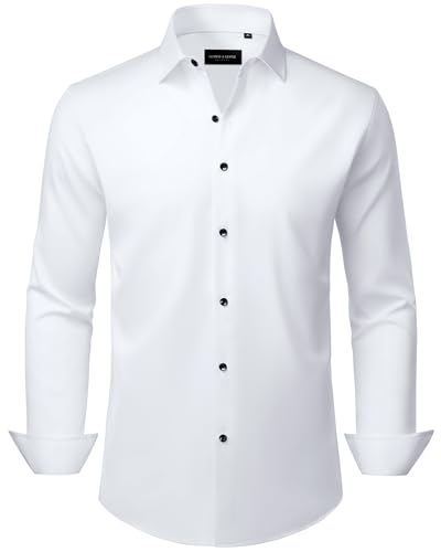 Alimens & Gentle Men's Fashion White Long Sleeve Shirt Stretch Business Casual Regular Fit Button Down Dress Shirts XL