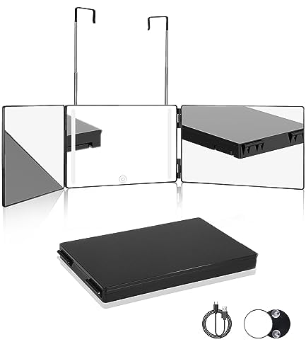 Xespis Espejo 360 Cortar Pelo con Luz, Espejo Triple, Espejo de Tocador Portátil, Plegable y Altura Ajustable, con Espejo de Aumento 10X, para Barbero, Raparse, Peluqueria, Maquillaje