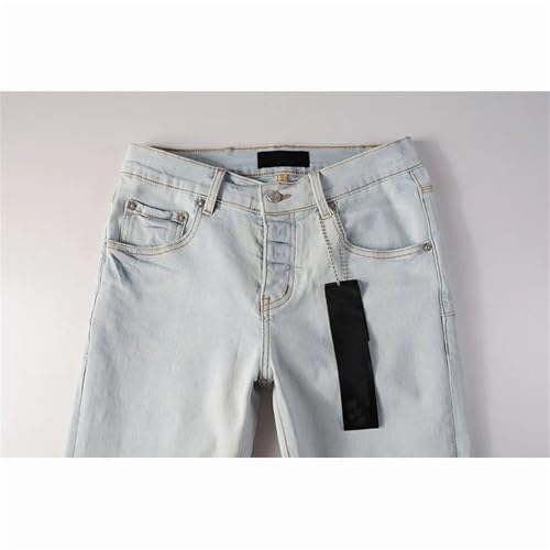 Men's Light Blue Stretch Skinny Ripped Jeans Pants Vintage Distressed Button Fly Straight Denim Pants3