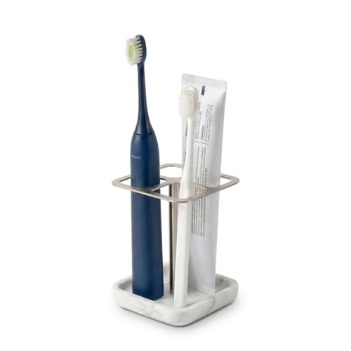 304 Stainless Steel Toothbrush Holder for Bathroom - Modern Countertop Electric Toothbrush & Toothpaste Organizer Stand with Marble-Look Resin Base (Silver)