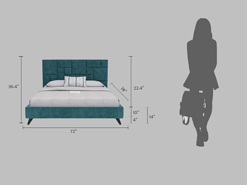 Image of Acacia Modern Upholstered King Size Bed for Bedroom | Wooden Double Bed | Platform Cot Bed with Upholstery Premium Fabric | 6.5 x 6 Ft, Sheesham Solid Wood | Brown, Turquoise