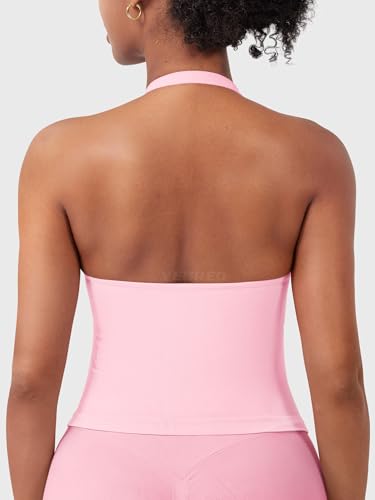 Image of YEOREO SoftHue Women's Impact Halter Tank Top Longline Backless Scoop Neck Built-in Bra Sports Workout Gym Crop Top