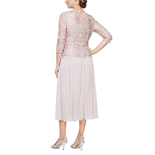 Image of Alex Evenings Women's Tea Length Embroidered Bodice Mother of The Bride Gown, Wedding Guest Dress (Petite and Regular Sizes)