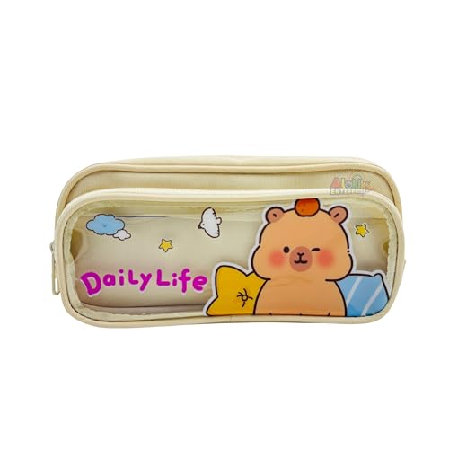 Image of Alokik Enterprise Cute Cartoon Pencil Pouch with Double Zipper & Transparent Window, Large Capacity Fabric Pen Case for School, Office, Students, Kids & Teens (Daily Life Off White Pouch)