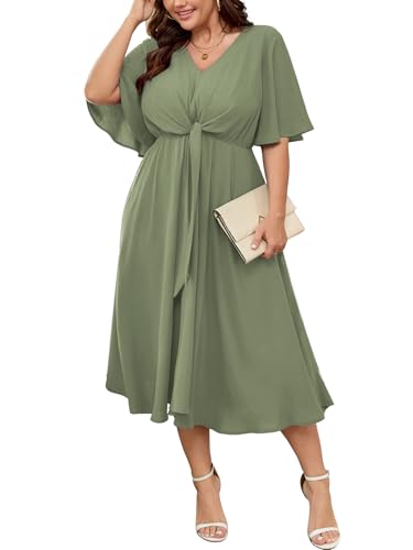 Image of SCOMCHIC Women Plus Size Midi Dresses Wedding Guest Short Sleeve V Neck Tie Waist Casual Summer Flowy A Line Dress