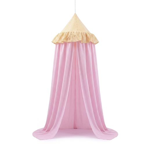 Breling Gingham Bed Canopy with Ruffles Cotton Crib Canopy Pink Stripes Toddler Beds Decorative Hanging Tent Frills Curtain for Toddler Baby Cribs Nursery Reading Nook Decor