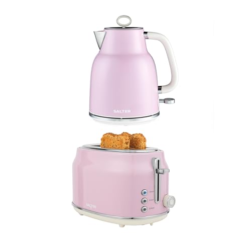 Salter Retro Pink Kettle & Toaster Set 1.7L 3KW Rapid Boil Cordless Kettle with Boil Dry Protection & Auto Shut-Off 815W 2-Slice Wide Slot Toaster with 6 Browning Levels & Defrost/Reheat/Cancel