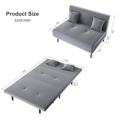 ZANOFIRA 2 Seater Velvet Feel Fabric Folding Sofa Bed with Adjustable Back, Click Clack Convertible Bed Settee with 2 Soft Cushions for Living Room, Guest Room, Bedroom, Grey