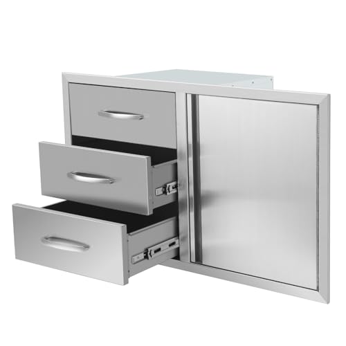 RAILEN Outdoor Kitchen Door Drawer Combo 38.3''W x 22.7''H x 20.7''D BBQ Access Triple Drawers and Door Designed for BBQ Island Grill Station
