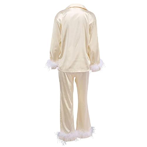 Maouira Ensemble de pyjama pour femme, chemise à manches longues et pantalon long, ensemble de pyjama pour femme, pyjama à plumes, pyjama en satin de soie, deux pièces boutonnées, vêtements de détente Cover