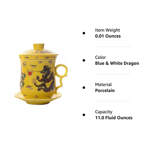 Bandtie Convenient Travel Office Loose Leaf Tea Brewing System-Chinese Jingdezhen Blue And White Porcelain Tea Cup Infuser 4-Piece Set With Tea Cup Lid And Saucer,Yellow Dragon #TOP6