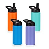 Kids Water Bottle with Straw Lid & Handle 4 Pack, 16oz Stainless Steel Water Bottles Bulk, Dishwasher Safe & Leakproof, Reusable Gift for Girls Boys to School Sports Travel Camping, Mixed Color Set