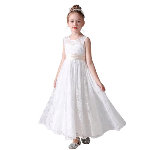dideyttawl Lace Flower Girls Dress Sleeveless Floor Length Satin Bow Belt Sweetheart Soft Baptism Dress