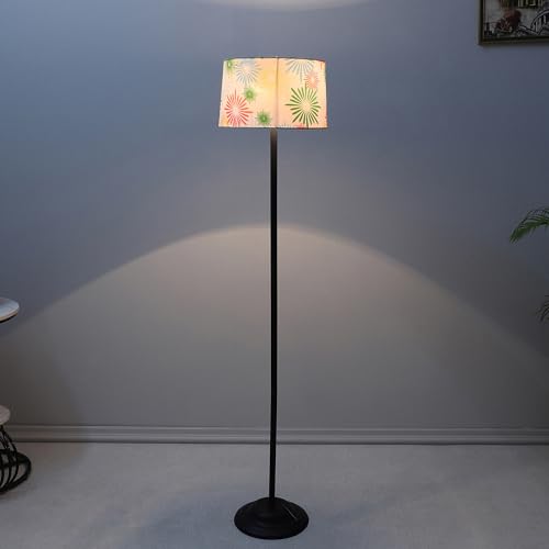 Image of tu casa Black Metal-Iron Base Foldable Floor Lamps with Flowral Print & Satin Shade for Bedroom, Living Room, Lounge, Office Area, Gifting Without Bulb for Home Decoration (Height - 53 inch)