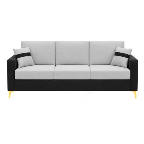 Image of Strike Dual Tone Plush 5 Seater L Shape Sofa Set with 2 Movable Ottomans | Flexible Layout | Silken Velvet Suede| Golden Metal Legs | for Living Room & Office (Light Grey & Black)