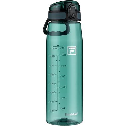Image of Fanhaw 32 oz Clear Plastic Water Bottle, BPA Free Leakproof Tritan Sports Water Bottle with Chug Lid, Wide Mouth Reusable Bottle for Gym, Travel, School & Office (Dark Green)