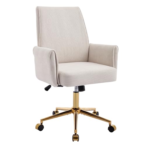 Striped Velvet Office Chair, 360° Swivel Ergonomic Task Chair with High Back, Gold Base and Wheels, Height Adjustable Modern Accent Chair for Home Office, Living Room, Study, Vanity Room (Cream)