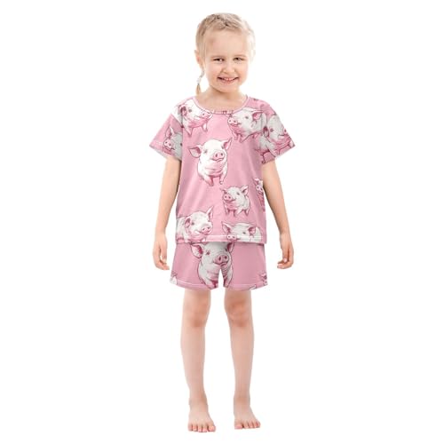 Pajama Short Sets Pink Pig Pattern Print Soft Cotton Summer Sleepwear 2 Piece PJS Size 5-14T4