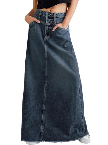 ebossy Women's Retro Distressed High Waist Frayed Raw Hem A Line Maxi Long Denim Skirt