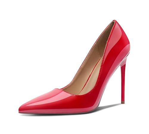 Women's Pumps Slip On High Heels with Pointed Toe 4.1 Inch Stiletto Bridal Party Dress Heels for Casual,Red Pu-7-O23