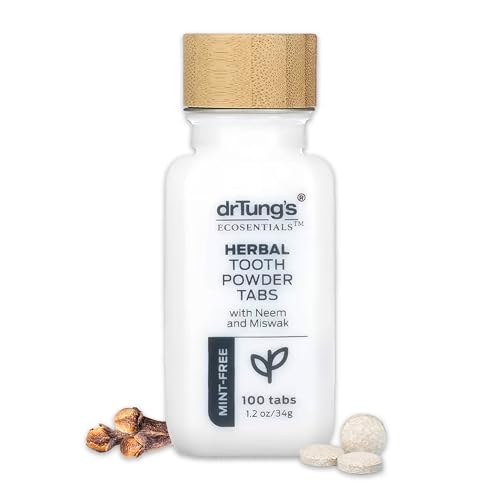 drTung's Herbal Toothpaste Tablets - Toothpaste Tabs for Dry Mouth Relief, Natural Tooth Powder Tablets for Fresh Breath, Fluoride Free, Travel Size, Vegan, Non-GMO - Mint-Free (100 Tabs)