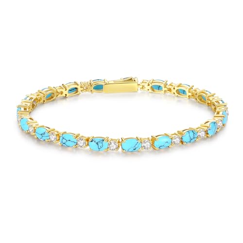 FANCIME 14K Gold Plated Simulated Turquoise Tennis Bracelet for Women 7"
