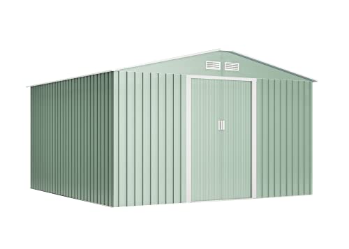 Wasabi - Caseta Jardín Exterior 10,2m2 Light Green - 322x324x205cm - Doble Puerta Corredera - Rejillas Ventilación - Techo a 2 Aguas – Verde - Cobertizo de Almacenamiento Armario Metálico Herramientas