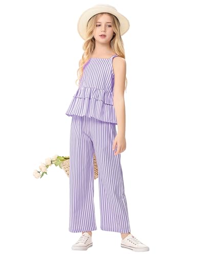 Image of Girl's 2 Piece Striped Outfits Cami Top Wide Leg Pants Ruffle Hem Summer Clothes with 2 Pockets 3-14Y