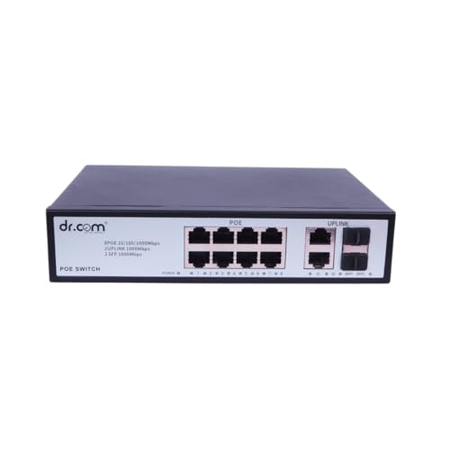 dr.com® 12 Port Gigabit PoE Switch with 8 PoE Ports 2 Uplink Ports and 2 SFP Slots 10/100/1000 Mbps 120W Power IEEE 802.3af/at Network Switch for CCTV