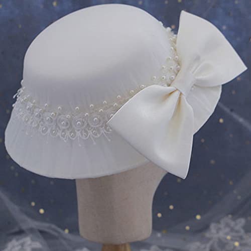 French Style Fedoras Top Hat Big Deep Wedding White Satin Bow Pearls Cap Elegant Ladies Formal Church Headwear #TOP4