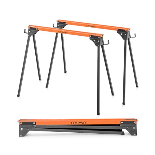 COSTWAY 2 Caballetes de Sierra de Metal, Carga Máxima de 500 Kg, Patas de Apertura Rápida y 2 x 4 Brazos de Soporte, Paquete Doble de Caballete Portátil para Carpintería (96,5 x 47 x 76 cm)