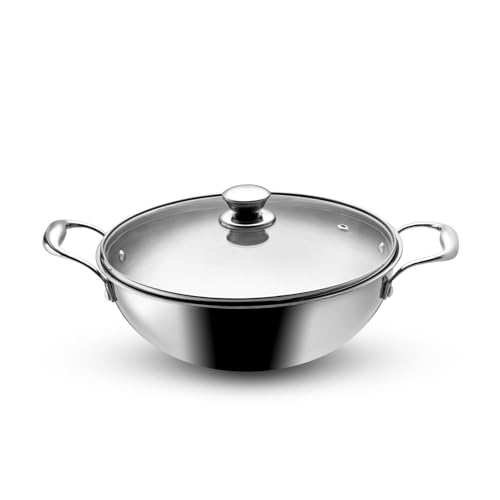 Image of VAYA Hautechef Triply Kadai, Stainless Steel Kadhai with Lid, 26cm, 3.5L, Heavy-Bottom, Induction & Gas Stove Friendly, Durable Cookware, 3-Layer Body for Healthy Cooking