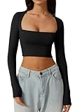 QINSEN Women's Sexy Square Neck Crop Top Long Sleeve Slim Fit Cropped T Shirts