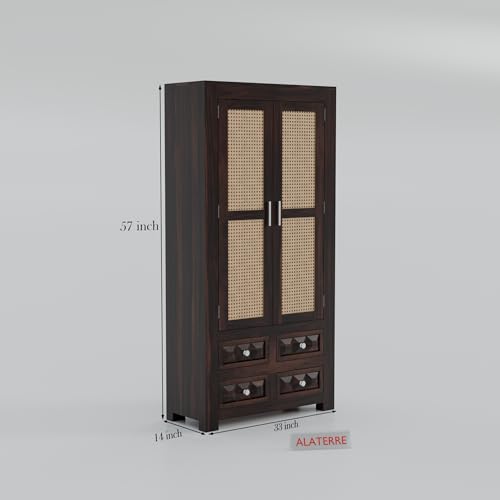 Image of Wooden Storage Cabinet with Cane Doors & Drawers | Tall Solid Wood Wardrobe Cabinet with 2 Doors & 4 Drawers (Walnut Finish)