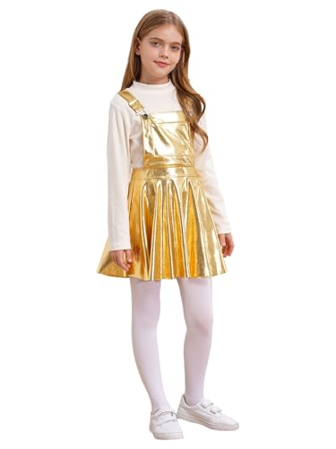 Kids Girls Suspender Overall Dress Metallic Adjustable Strap Jumper Holographic Skater Skirt Dress4