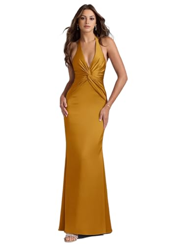 Halter Satin Bridesmaid Dresses for Women Corset V Neck Long Mermaid Formal Silk Evening Prom Dress with Bow