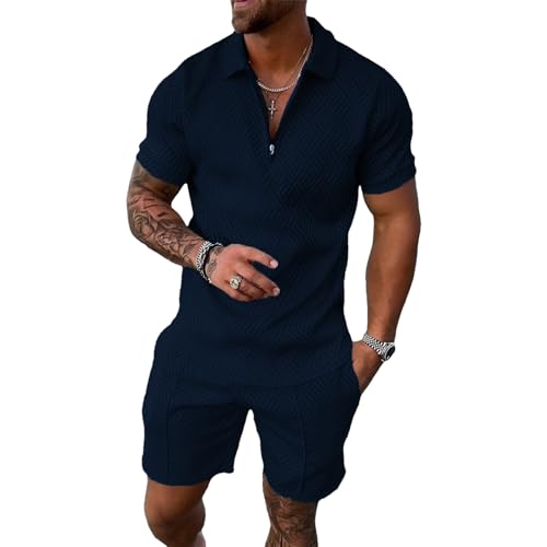 amropi Homme Survêtement de Sport T-Shirt à Manches Courtes Fermeture éclair et Short Ensemble Marine, M