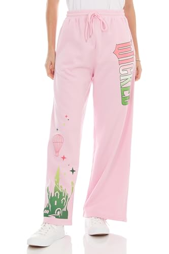 Wicked Glinda & Elphaba Womens Ladies & Juniors Pink Wide-Leg Fleece Jogger Pants