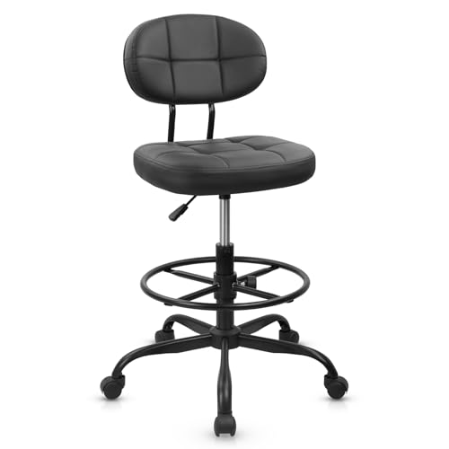 Image of KLASIKA Leather Drafting Stool Chair with Ergonomic Backrest & Footrest, Adjustable Height 360 Swivel Rolling Stools with Padded Seat, Tall Office Chair for Standing Desk, Shop, Drawing, Black