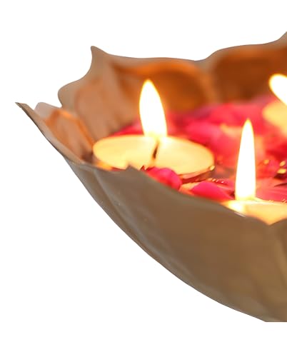 Image of Metal Taj Urli Bowl for Pooja (25x25x6.5) cm Golden Lotus Flower Style Diya Candle Holder for Home Living Room Office Decoration