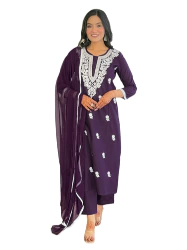 Image of Naixa Women's Pure Cotton Embroidered Straight Kurta with Pant And Dupatta Sets (NX-691)