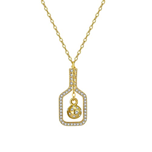 The Volley Plus Mini Gold Pickleball Necklace, Sterling Silver, Cubic Zirconia
