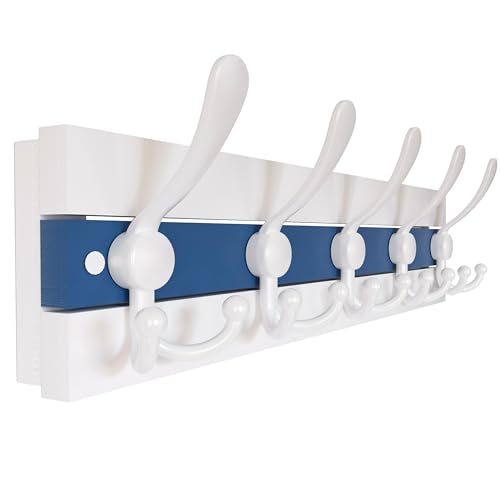 Image of SKOLOO Coastal Wall Mounted Coat Rack - 16-7 /8 inch Beach House Entryway Wooden Coat Hook with 5 Hooks for Hanging Coats, Hats or Towels, Oceanfront Cottage Core Collection, White & Blue