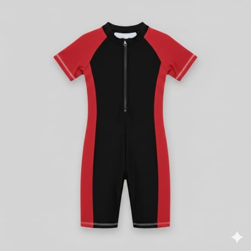 Image of A.T.U.N. (ALL THINGS UBER NICE) Girls One Piece Swimsuit with Front Zip Closure | Half Sleeve Athletic Swimwear with Knee Length Fit | Comfortable Pool and Beach Swimming Costume for Kids