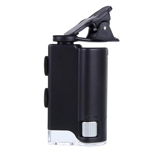 Meichoon Microscopio de clip para teléfono celular, lupa con zoom 60X-100X, microscopio monocular iluminado, lámpara LED, lámpara UV, verificación de moneda, identificación, piedras preciosas de jade