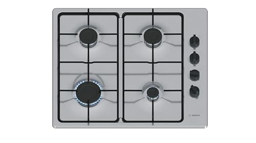 Bosch PBP6B5K80 Serie 2 Gaskochfeld, 60 cm, 4 Kochzonen, Thermoelektrische Zündsicherung, Sicherheits-Gasabschaltung, Düsensatz für Flüssiggas, Seitliche Bedienknebel, Edelstahl
