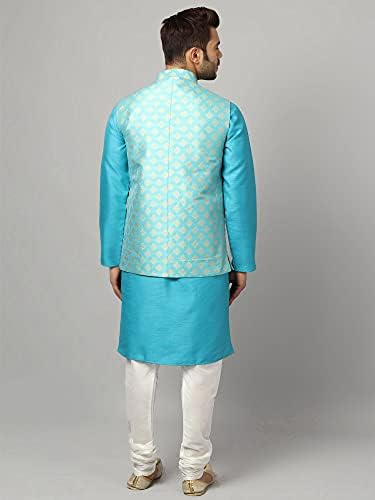 Uri and MacKenzie Men's Silk Blend Regular Kurta Churidar Pyjama with Bundi Nehru Jacket/Waistcoat